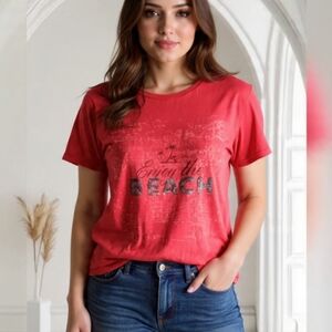 US14/EU46❤️Vibrant Red Tee Short Sleeve Silver Sequin *BEACH* T-shirt